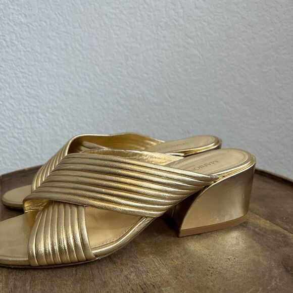 Marion Parke Soft Gold Leather Izzy Criss-Cross Block Heel Sandals Women's 37 US - Picture 3 of 13